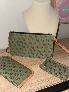 DB Monogram Olive Green Wristlet Pouch with Card Holder and Glasses Set
